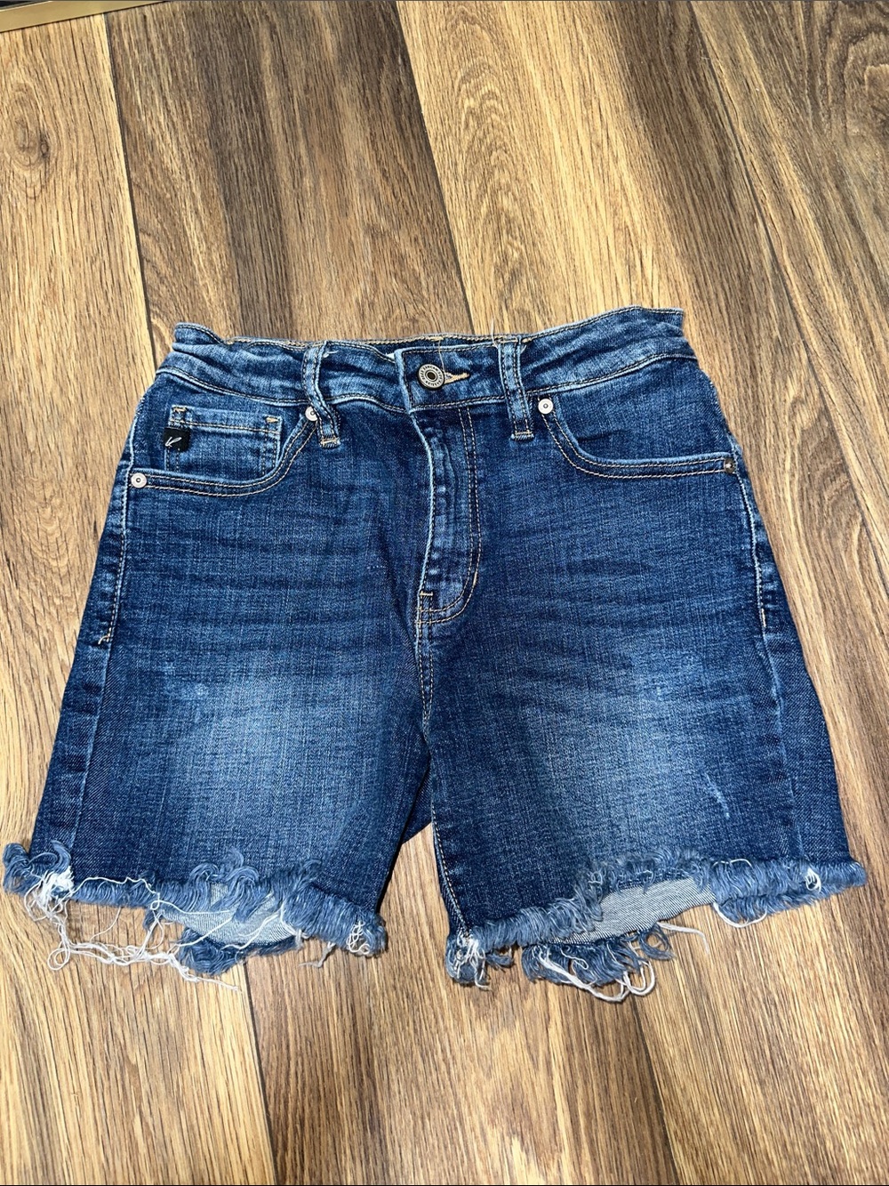 KanCan Women's Dark Blue Denim Frayed Hem Shorts